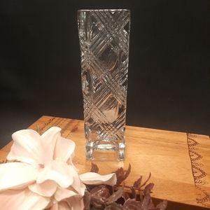 Avon 1980 Fostoria 6" Square Glass Bud Vase ~ Crosshatch Diamond Pattern